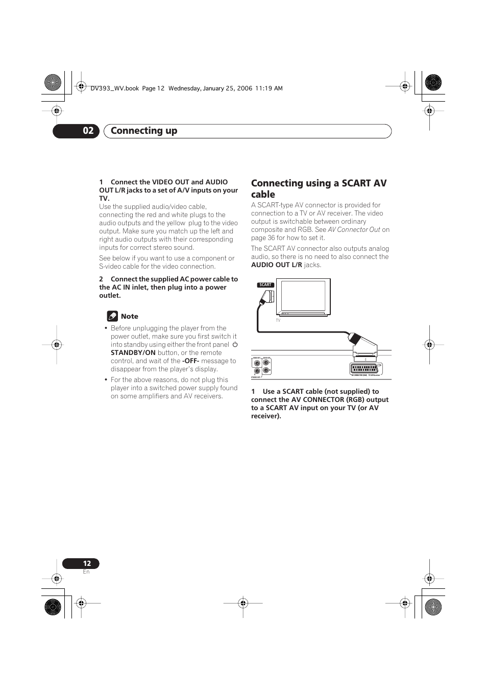 Connecting using a scart av cable, Connecting up 02 | Pioneer DV-393-S User Manual | Page 12 / 48