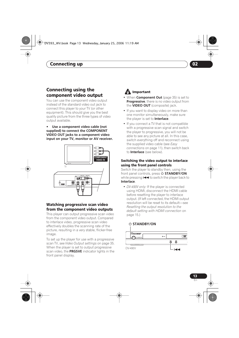Connecting using the component video output, Connecting up 02 | Pioneer DV-393-S User Manual | Page 13 / 48