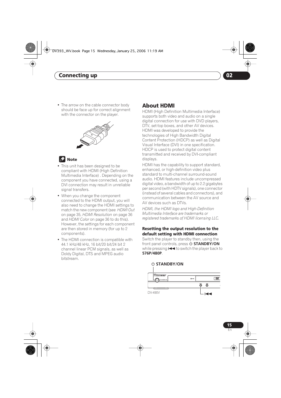 About hdmi, Connecting up 02 | Pioneer DV-393-S User Manual | Page 15 / 48