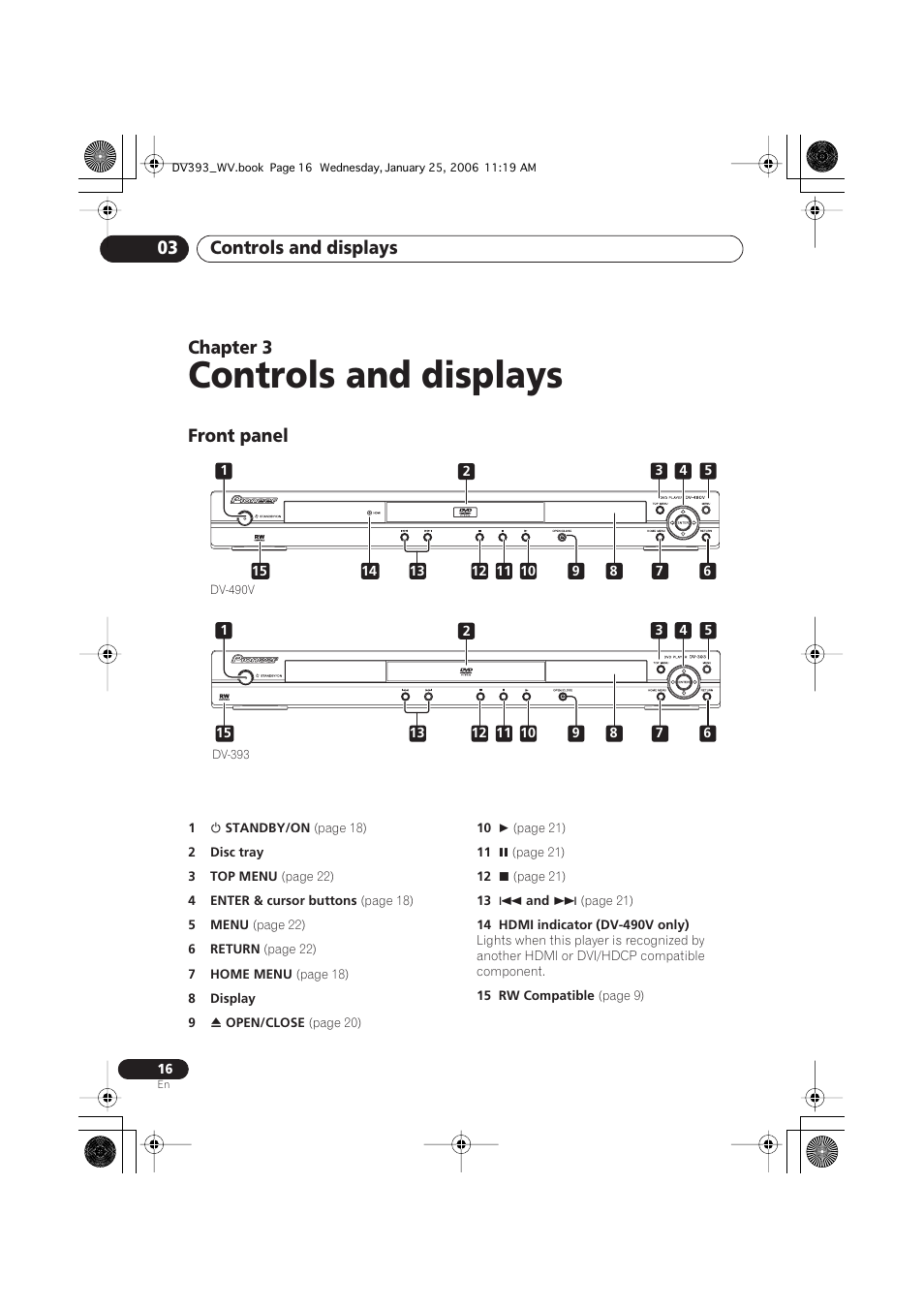 03 controls and displays, Front panel, Controls and displays | Controls and displays 03, Chapter 3 | Pioneer DV-393-S User Manual | Page 16 / 48