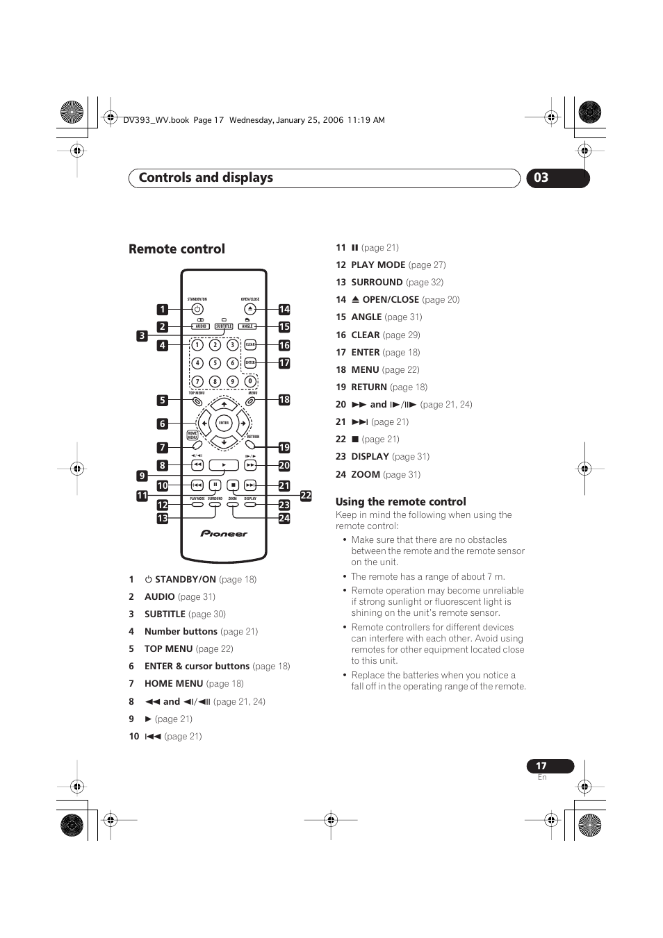Remote control, Using the remote control, Controls and displays 03 | Pioneer DV-393-S User Manual | Page 17 / 48