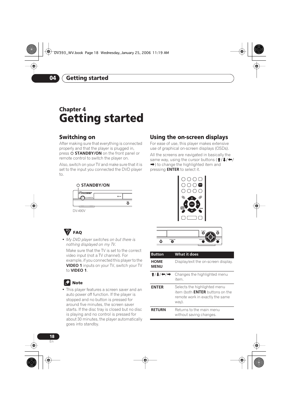 04 getting started, Switching on, Using the on-screen displays | Getting started, Getting started 04, Chapter 4 | Pioneer DV-393-S User Manual | Page 18 / 48