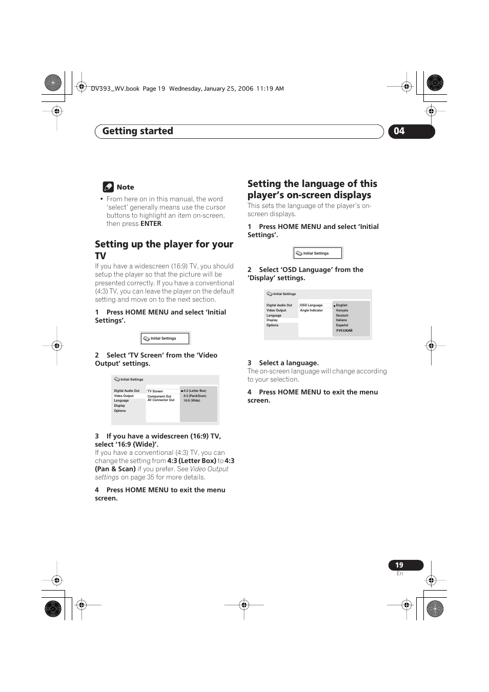 Setting up the player for your tv, Getting started 04 | Pioneer DV-393-S User Manual | Page 19 / 48
