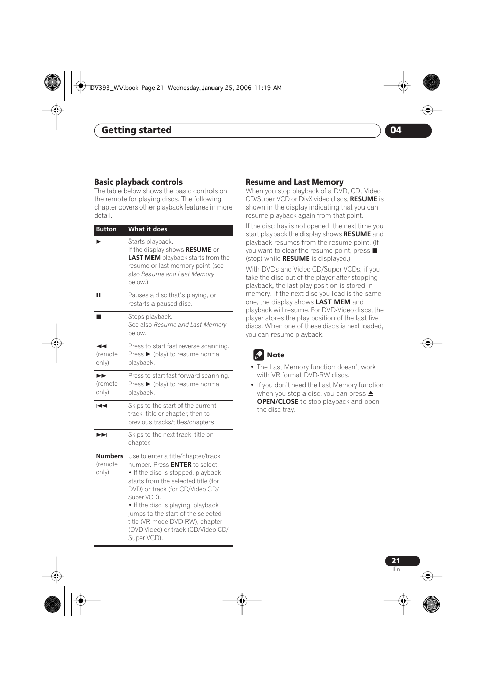 Basic playback controls, Resume and last memory, Getting started 04 | Pioneer DV-393-S User Manual | Page 21 / 48