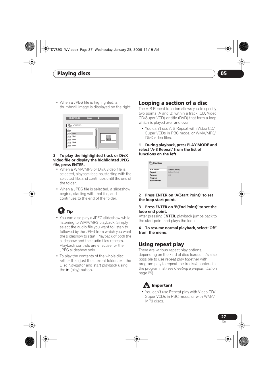 Looping a section of a disc, Using repeat play, Playing discs 05 | Pioneer DV-393-S User Manual | Page 27 / 48