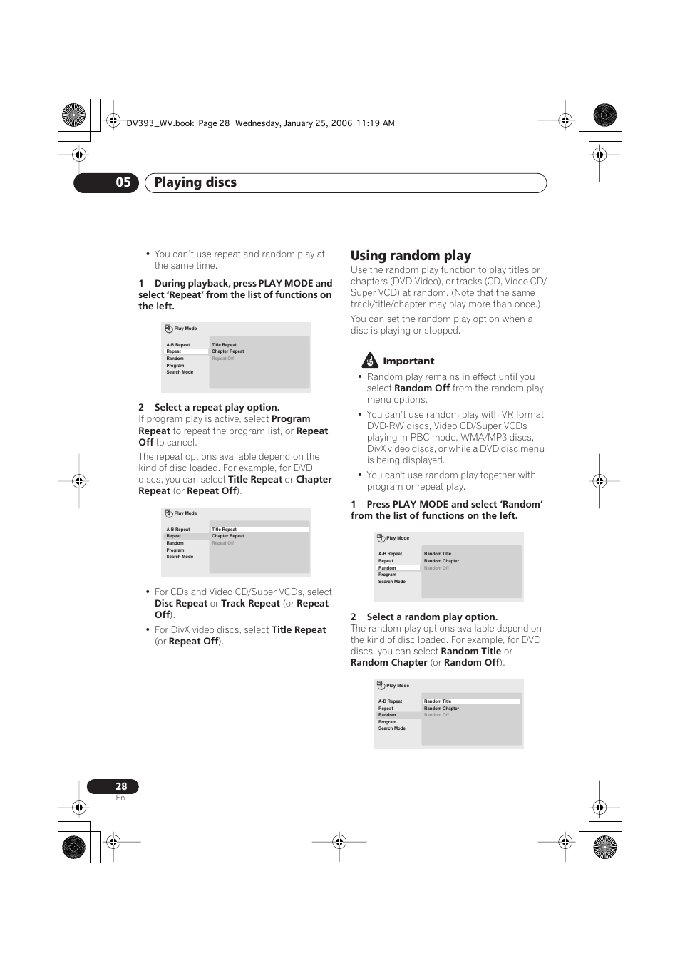 Using random play, Playing discs 05 | Pioneer DV-393-S User Manual | Page 28 / 48