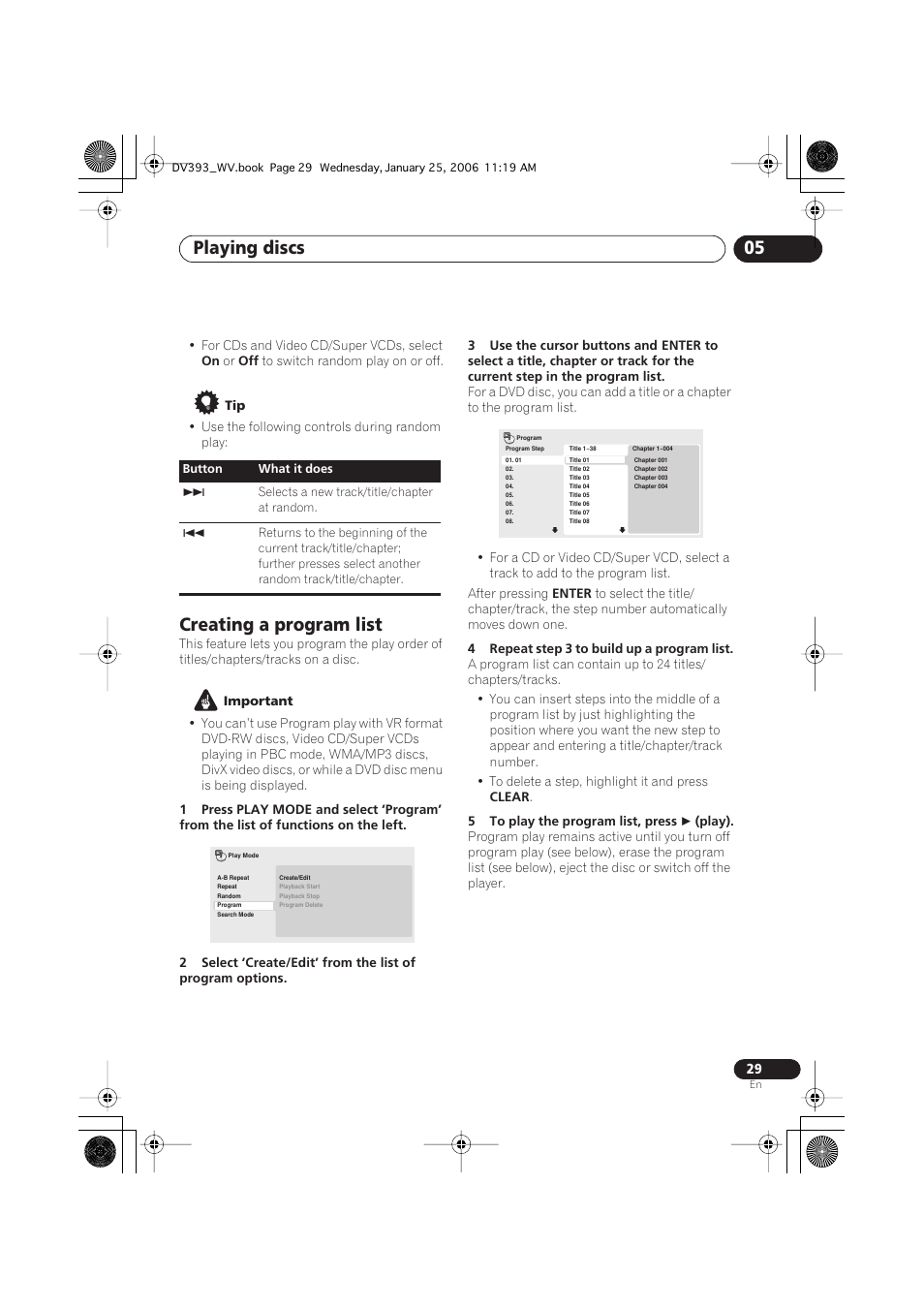 Creating a program list, Playing discs 05 | Pioneer DV-393-S User Manual | Page 29 / 48