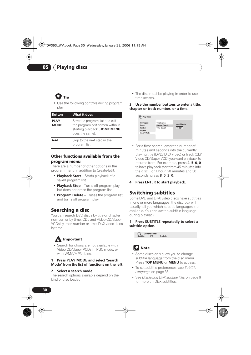 Other functions available from the program menu, Searching a disc, Switching subtitles | Playing discs 05 | Pioneer DV-393-S User Manual | Page 30 / 48