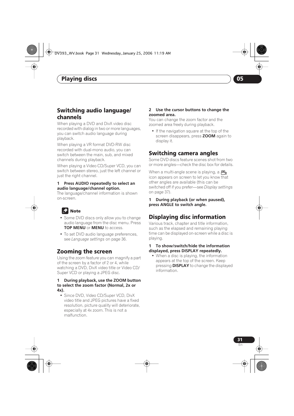 Switching audio language/channels, Zooming the screen, Switching camera angles | Displaying disc information, Playing discs 05, Switching audio language/ channels | Pioneer DV-393-S User Manual | Page 31 / 48