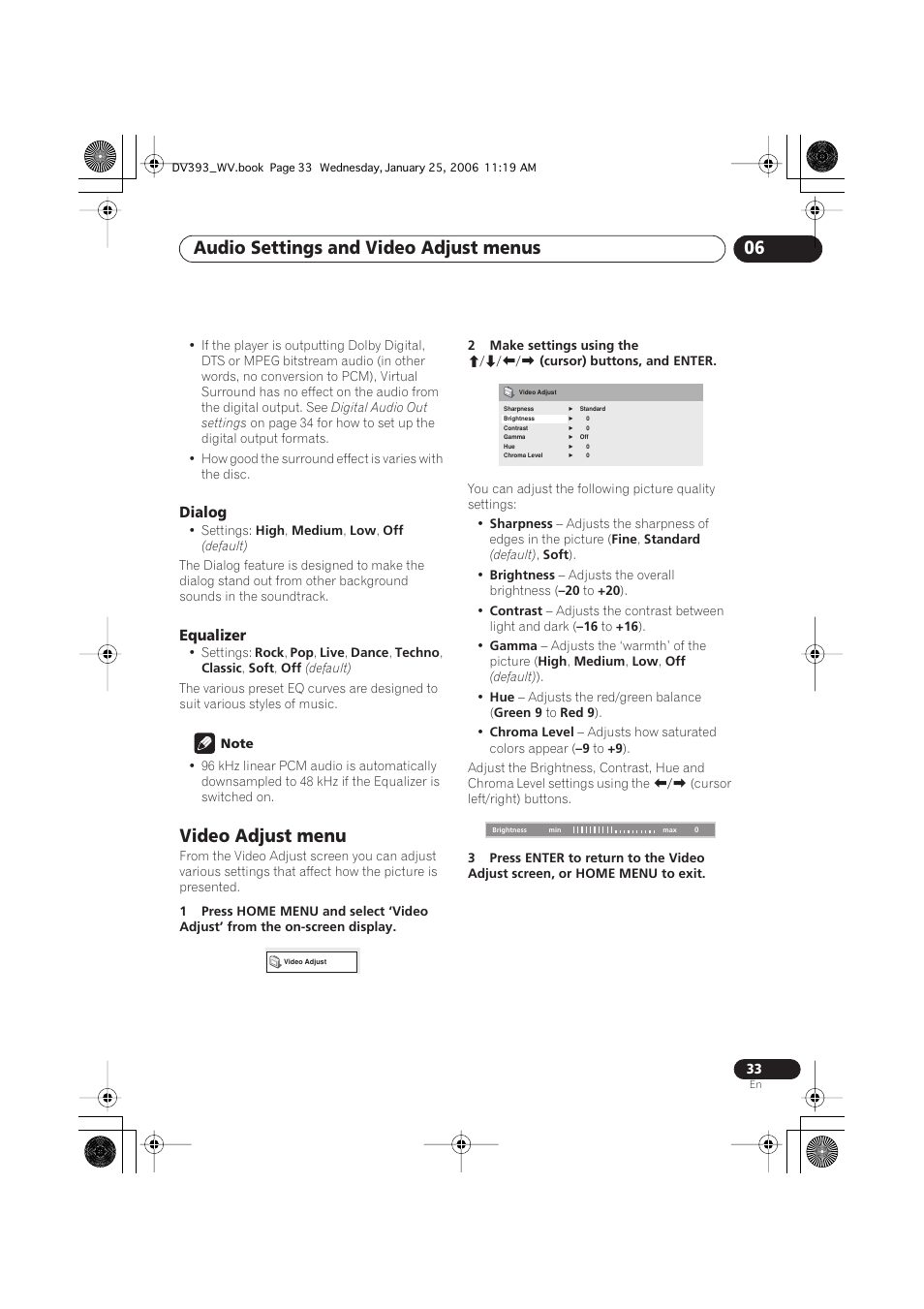 Dialog, Equalizer, Video adjust menu | Audio settings and video adjust menus 06 | Pioneer DV-393-S User Manual | Page 33 / 48