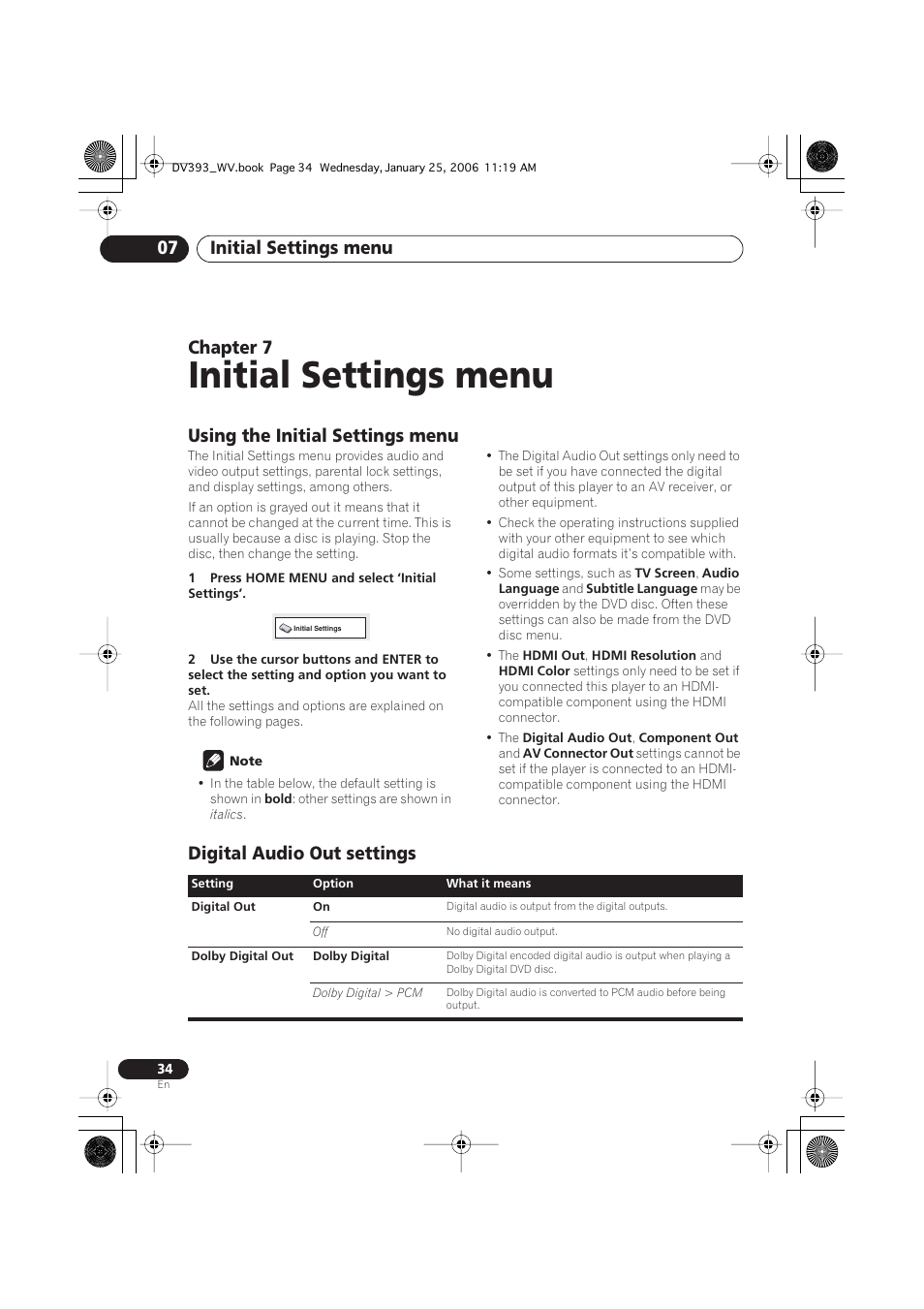 07 initial settings menu, Using the initial settings menu, Digital audio out settings | Initial settings menu, Initial settings menu 07, Chapter 7 | Pioneer DV-393-S User Manual | Page 34 / 48
