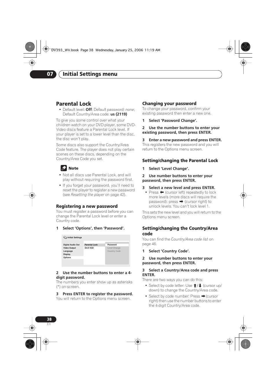 Parental lock, Registering a new password, Changing your password | Setting/changing the parental lock, Setting/changing the country/ area code, Initial settings menu 07 | Pioneer DV-393-S User Manual | Page 38 / 48