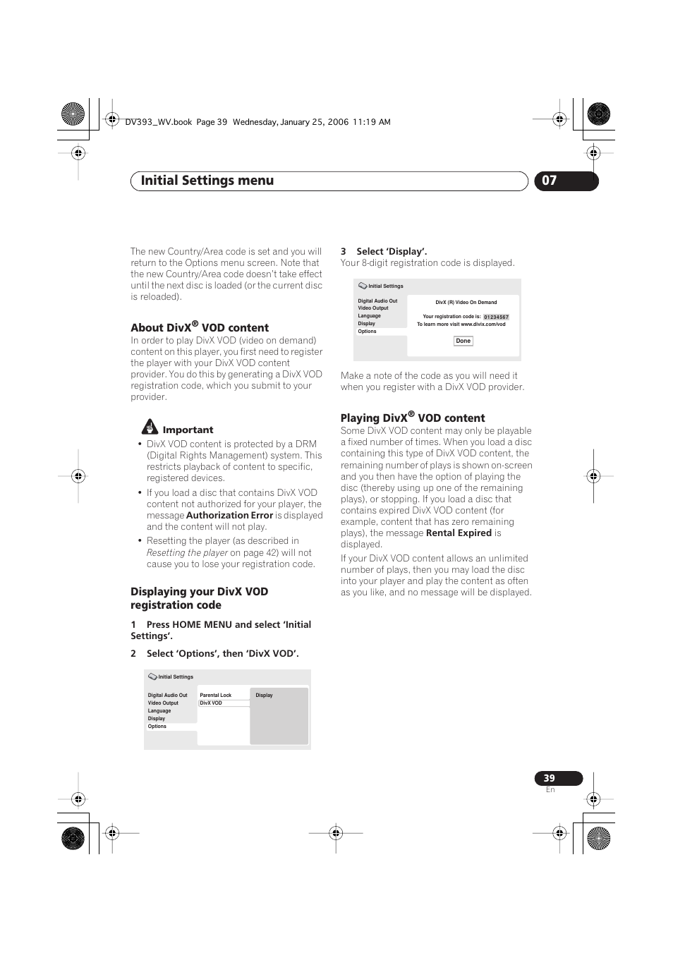 About divx® vod content, Displaying your divx vod registration code, Playing divx® vod content | Initial settings menu 07, About divx, Vod content, Playing divx | Pioneer DV-393-S User Manual | Page 39 / 48