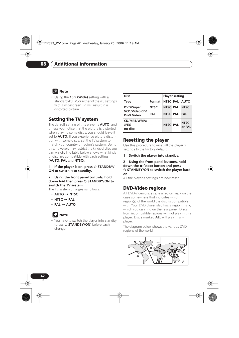 Setting the tv system, Resetting the player, Dvd-video regions | Additional information 08 | Pioneer DV-393-S User Manual | Page 42 / 48
