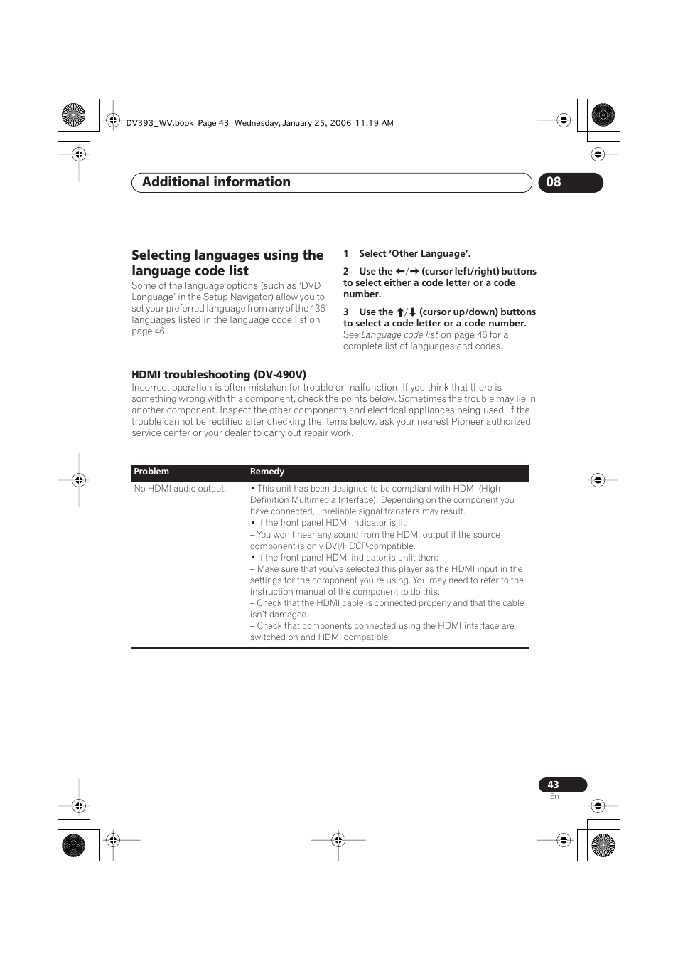 Selecting languages using the language code list, Hdmi troubleshooting (dv-490v), Additional information 08 | Pioneer DV-393-S User Manual | Page 43 / 48