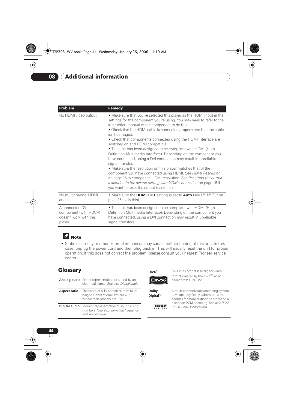 Glossary, Additional information 08 | Pioneer DV-393-S User Manual | Page 44 / 48