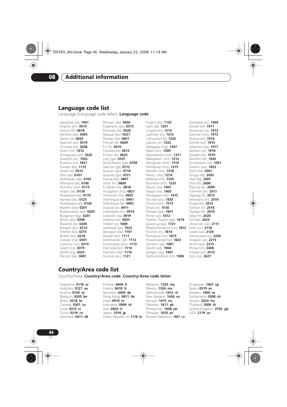 Language code list, Country/area code list, Additional information 08 | Pioneer DV-393-S User Manual | Page 46 / 48
