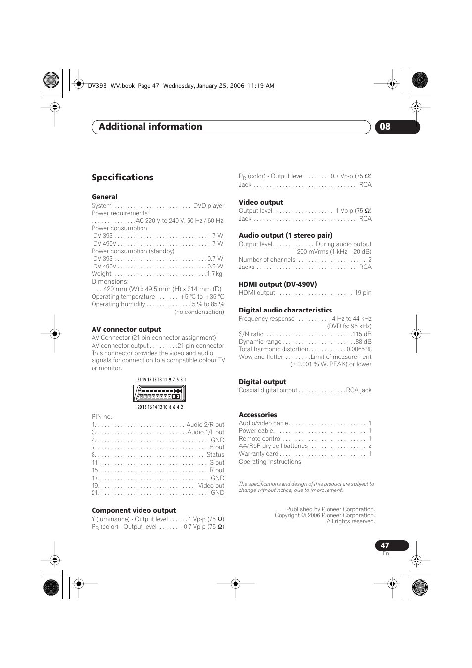 Specifications, Additional information 08 | Pioneer DV-393-S User Manual | Page 47 / 48