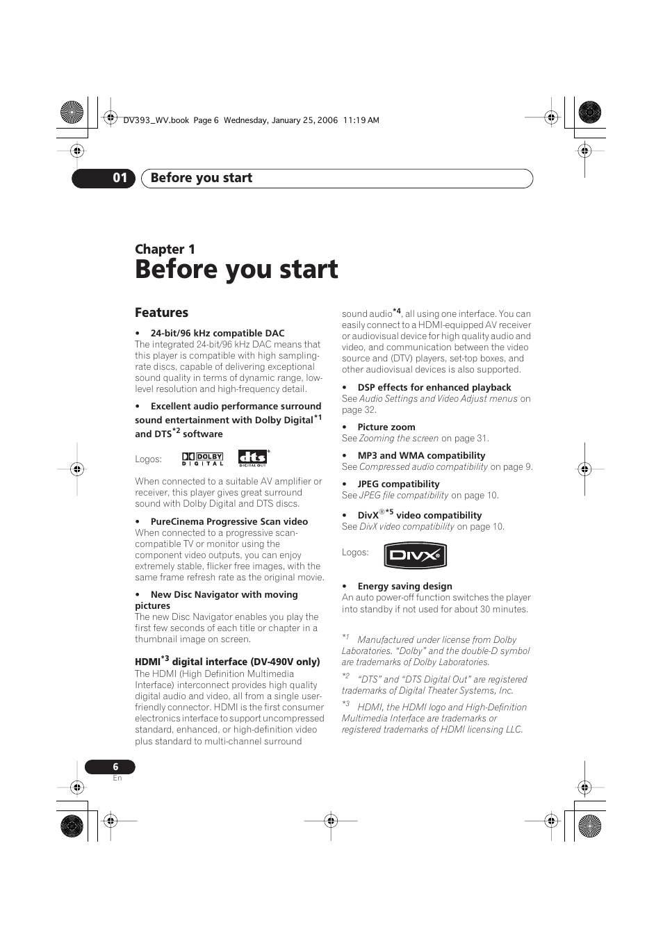 01 before you start, Features, Before you start | Before you start 01, Chapter 1 | Pioneer DV-393-S User Manual | Page 6 / 48