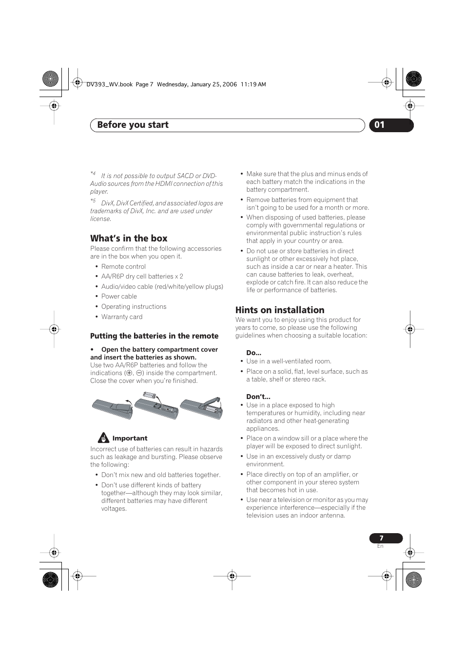 What’s in the box, Putting the batteries in the remote, Hints on installation | Before you start 01 | Pioneer DV-393-S User Manual | Page 7 / 48