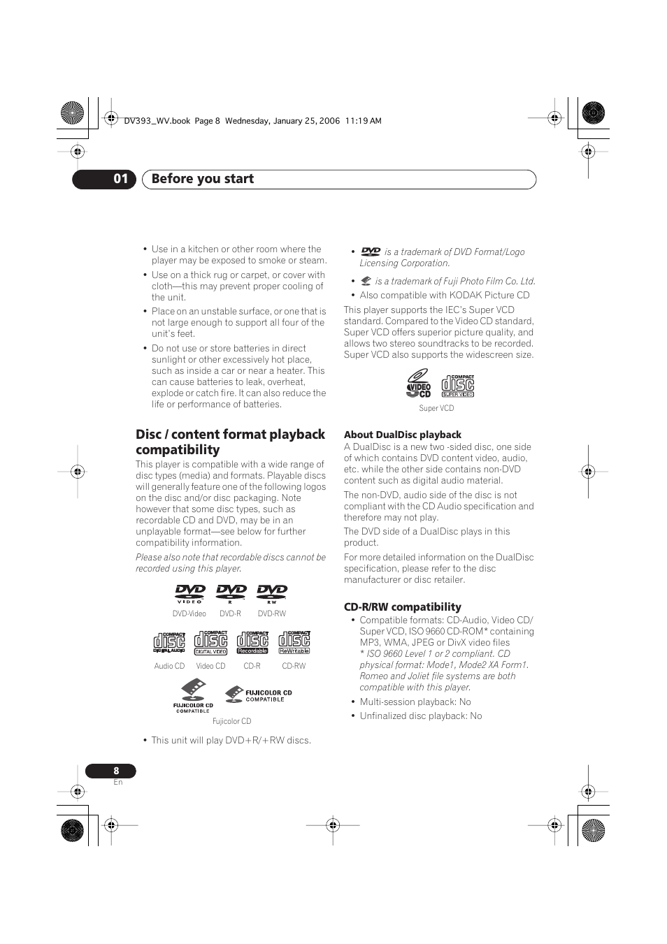 Disc / content format playback compatibility, Cd-r/rw compatibility, Before you start 01 | Pioneer DV-393-S User Manual | Page 8 / 48