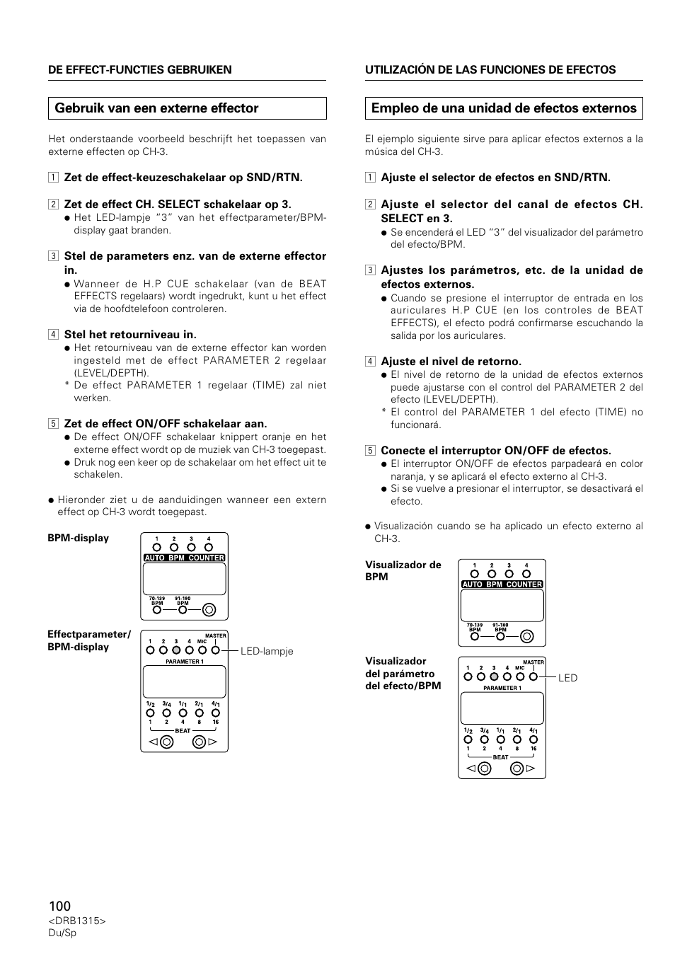 Gebruik van een externe effector, Empleo de una unidad de efectos externos | Pioneer DJM-3000 User Manual | Page 100 / 120