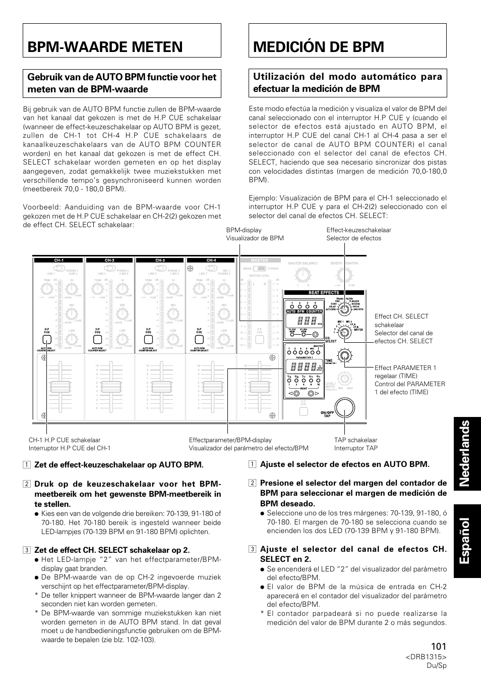 Bpm-waarde meten, Medición de bpm, Nederlands espa ñ ol | Pioneer DJM-3000 User Manual | Page 101 / 120