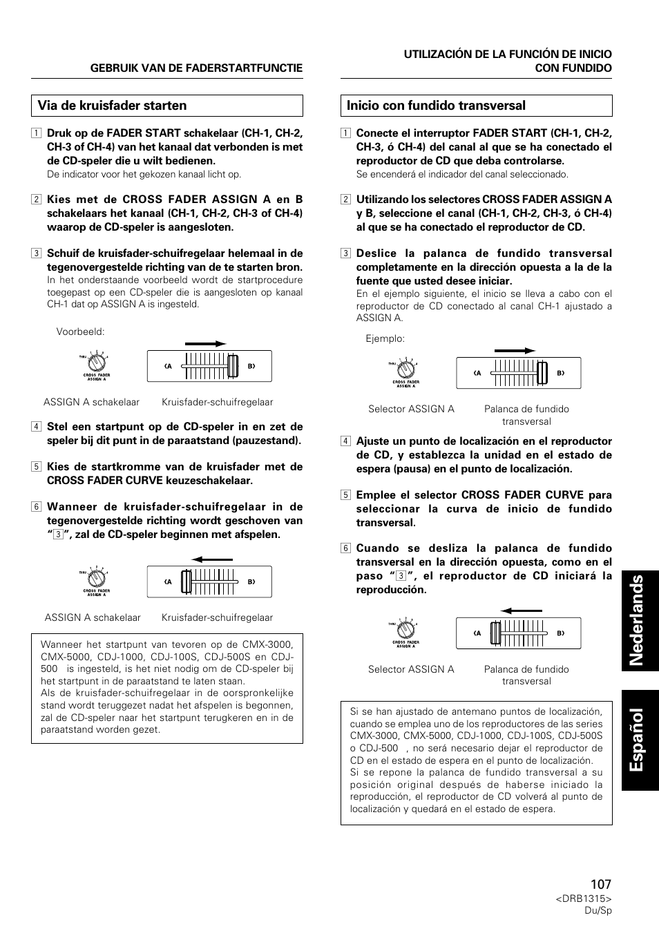 Via de kruisfader starten, Inicio con fundido transversal, Nederlands espa ñ ol | Pioneer DJM-3000 User Manual | Page 107 / 120