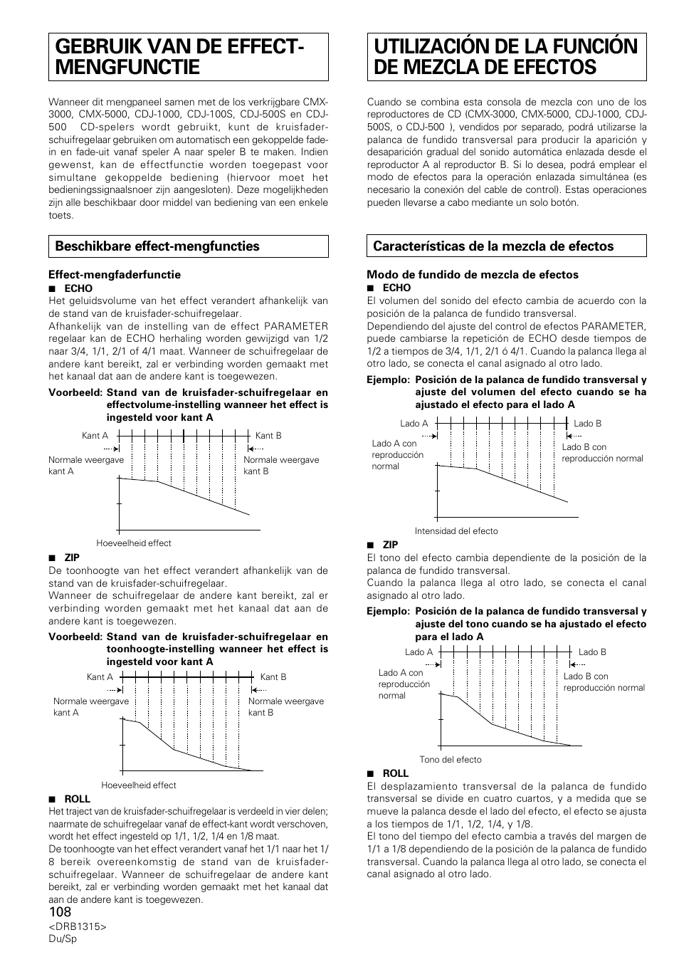 Gebruik van de effect-mengfunctie, Beschikbare effect-mengfuncties, Utilización de la función de mezcla de efectos | Características de la mezcla de efectos | Pioneer DJM-3000 User Manual | Page 108 / 120