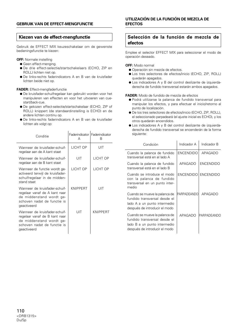 Kiezen van de effect-mengfunctie, Selección de la función de mezcla de efectos | Pioneer DJM-3000 User Manual | Page 110 / 120