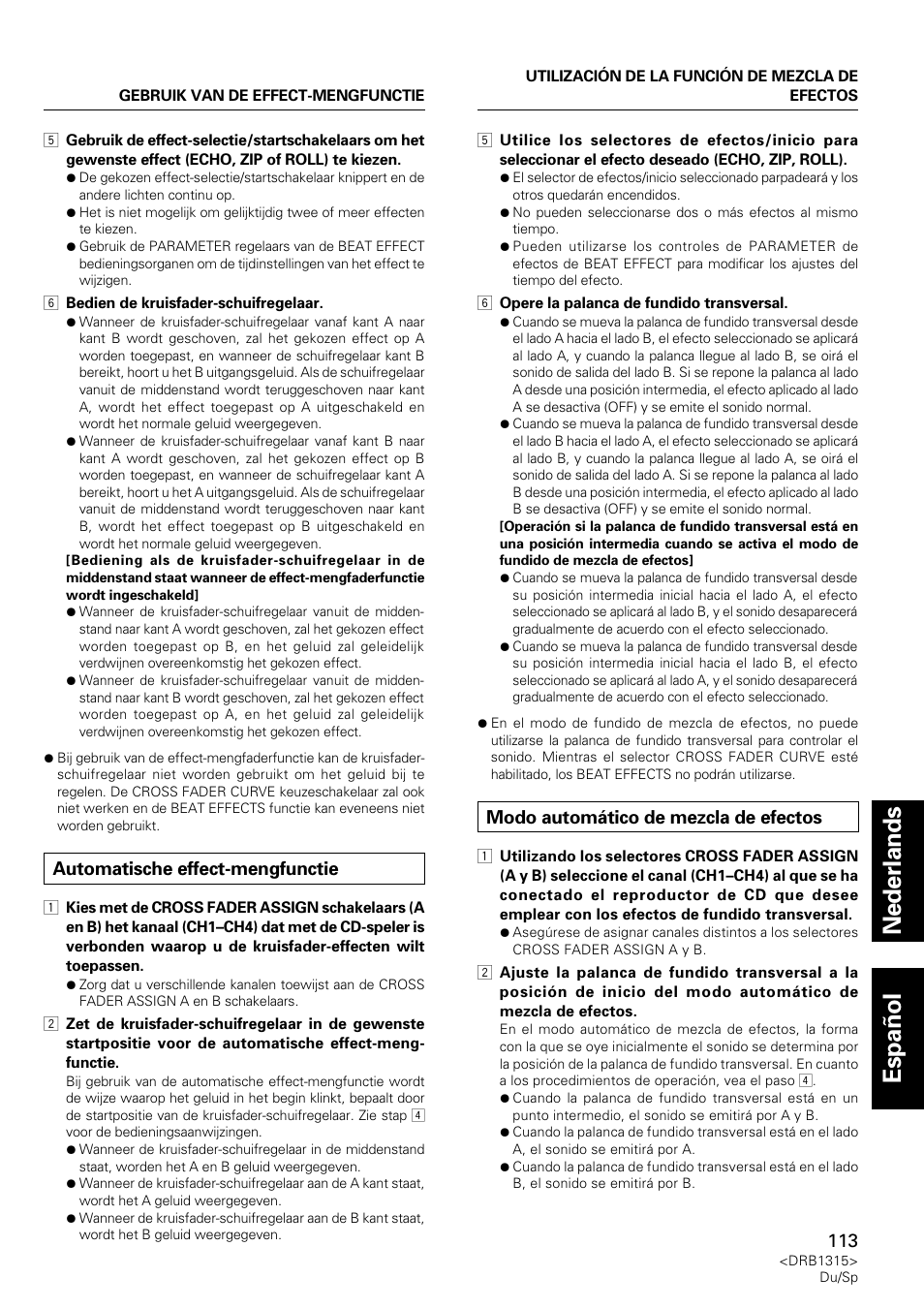 Automatische effect-mengfunctie, Modo automático de mezcla de efectos, Nederlands espa ñ ol | Pioneer DJM-3000 User Manual | Page 113 / 120