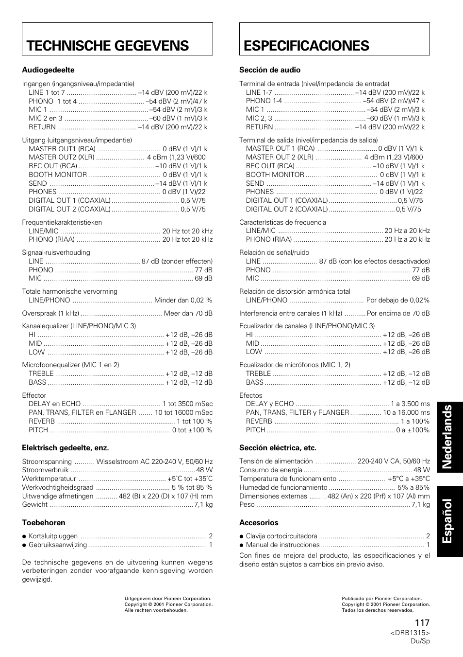 Technische gegevens, Especificaciones, Technische gegevens especificaciones | Nederlands espa ñ ol | Pioneer DJM-3000 User Manual | Page 117 / 120