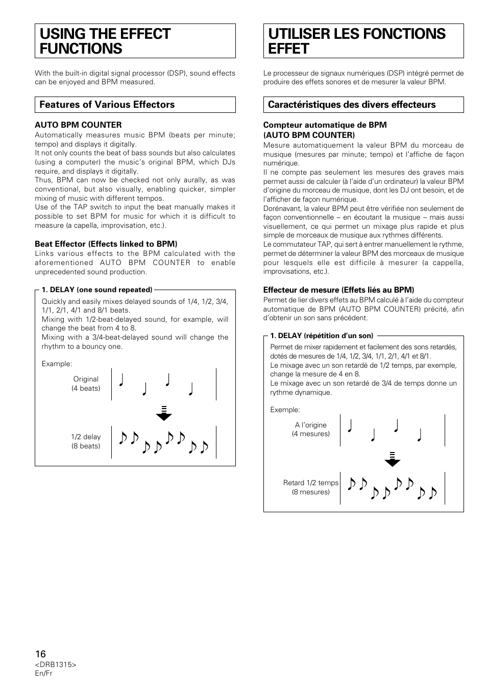 Using the effect functions, Features of various effectors, Utiliser les fonctions effet | Caractéristiques des divers effecteurs | Pioneer DJM-3000 User Manual | Page 16 / 120