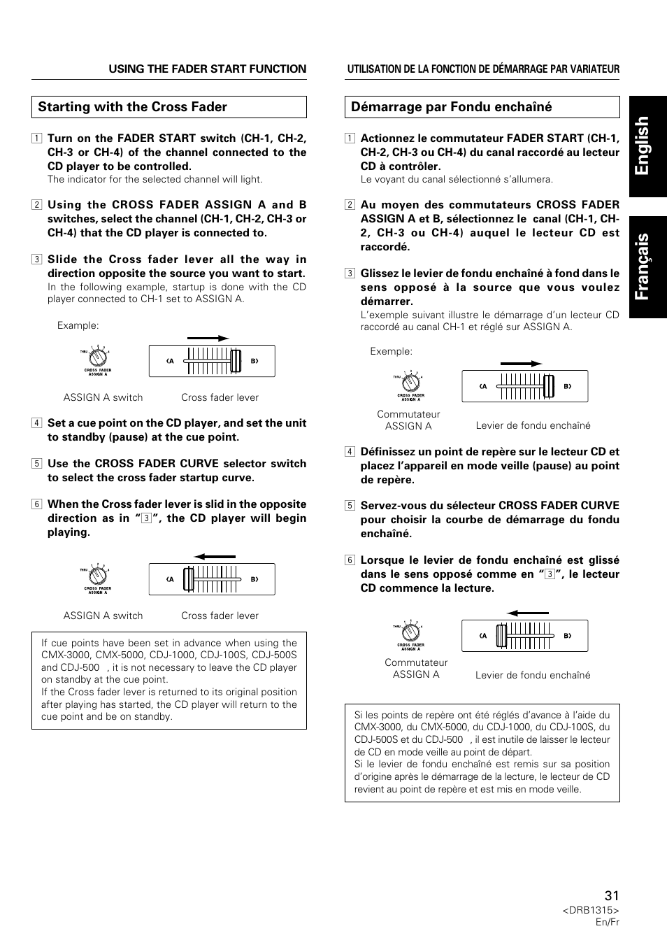 Starting with the cross fader, Démarrage par fondu enchaîné, English fran ç ais | Pioneer DJM-3000 User Manual | Page 31 / 120