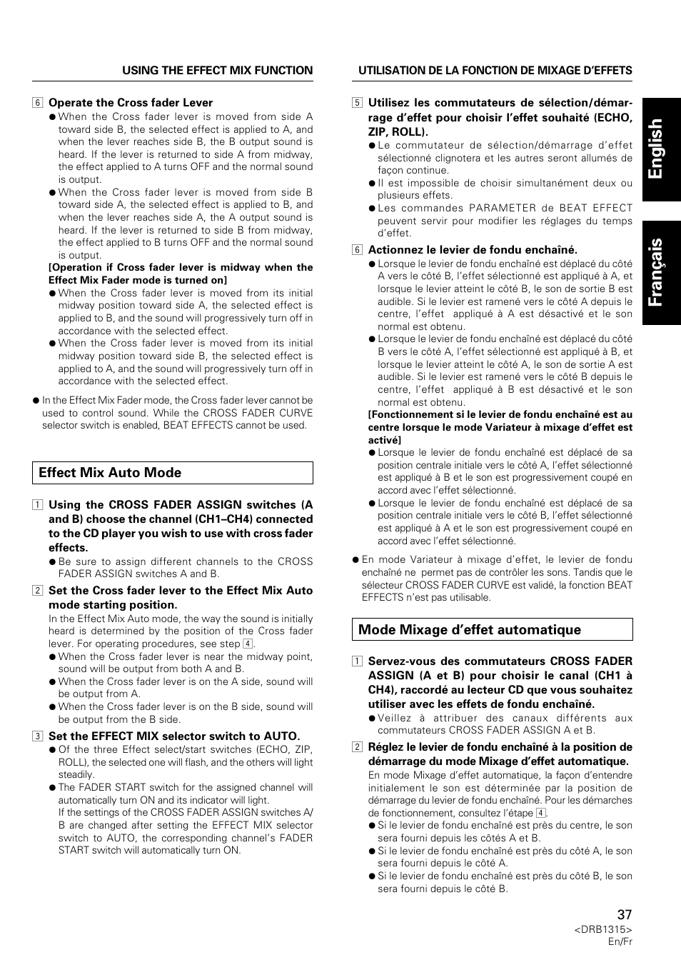 Effect mix auto mode, Mode mixage d’effet automatique, English fran ç ais | Pioneer DJM-3000 User Manual | Page 37 / 120