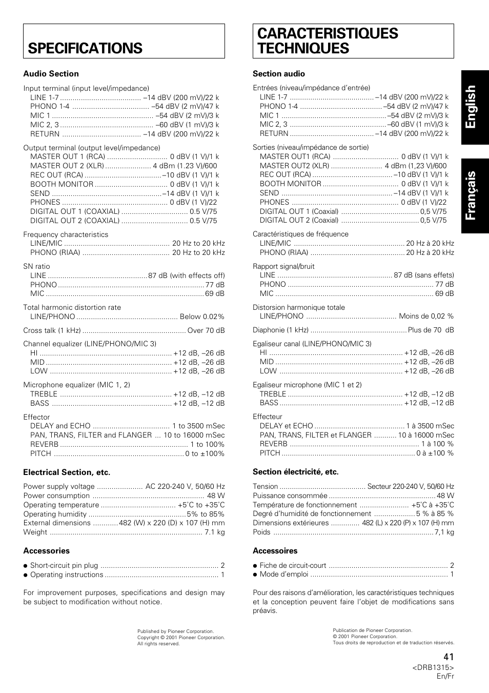 Specifications, Caracteristiques techniques, English fran ç ais | Pioneer DJM-3000 User Manual | Page 41 / 120