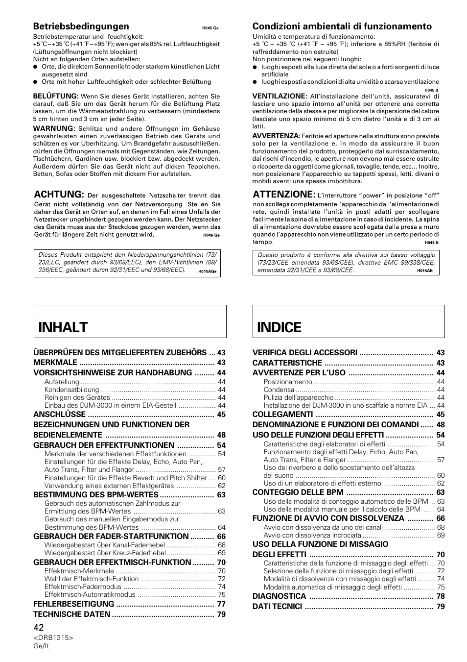 Inhalt indice, Betriebsbedingungen, Condizioni ambientali di funzionamento | Pioneer DJM-3000 User Manual | Page 42 / 120