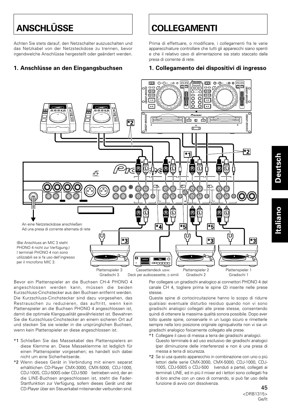 Anschlüsse, Collegamenti, Deutsch italiano | Anschlüsse an den eingangsbuchsen, Collegamento dei dispositivi di ingresso, Djm-3000, Drb1315> ge/it | Pioneer DJM-3000 User Manual | Page 45 / 120