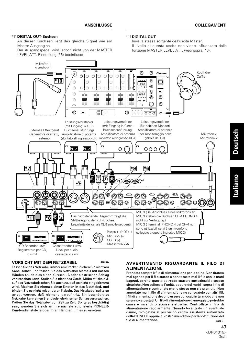 Deutsch italiano, Anschlüsse collegamenti, Djm-3000 | Drb1315> ge/it | Pioneer DJM-3000 User Manual | Page 47 / 120