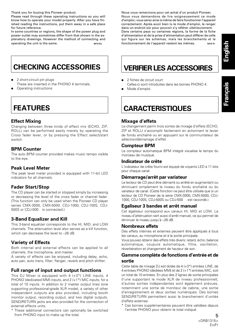 Checking accessories features, Verifier les accessoires caracteristiques, Checking accessories | Features, Verifier les accessoires, Caracteristiques, English français | Pioneer DJM-3000 User Manual | Page 5 / 120