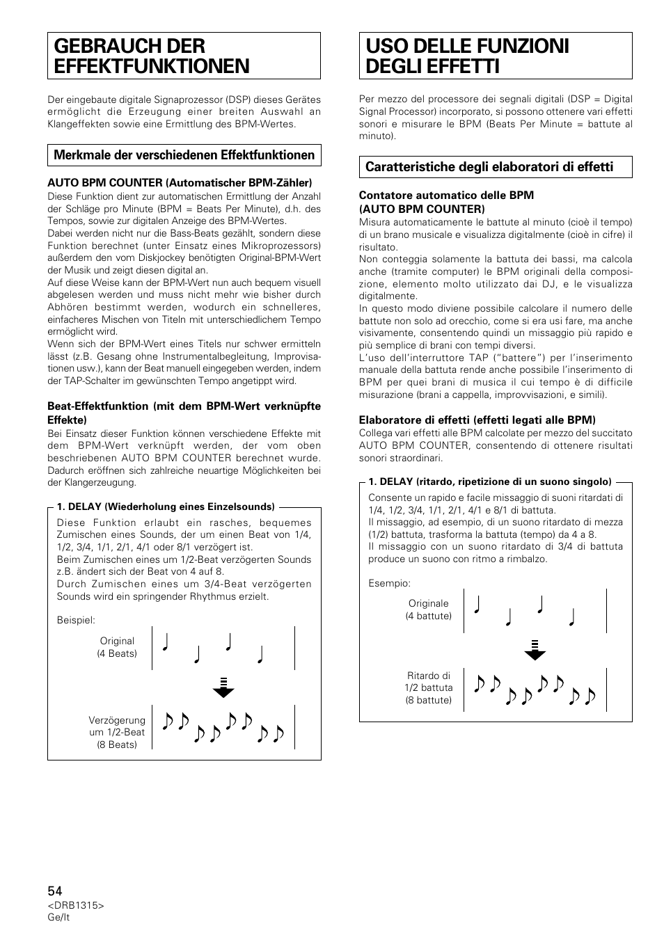 Gebrauch der effektfunktionen, Merkmale der verschiedenen effektfunktionen, Uso delle funzioni degli effetti | Caratteristiche degli elaboratori di effetti | Pioneer DJM-3000 User Manual | Page 54 / 120