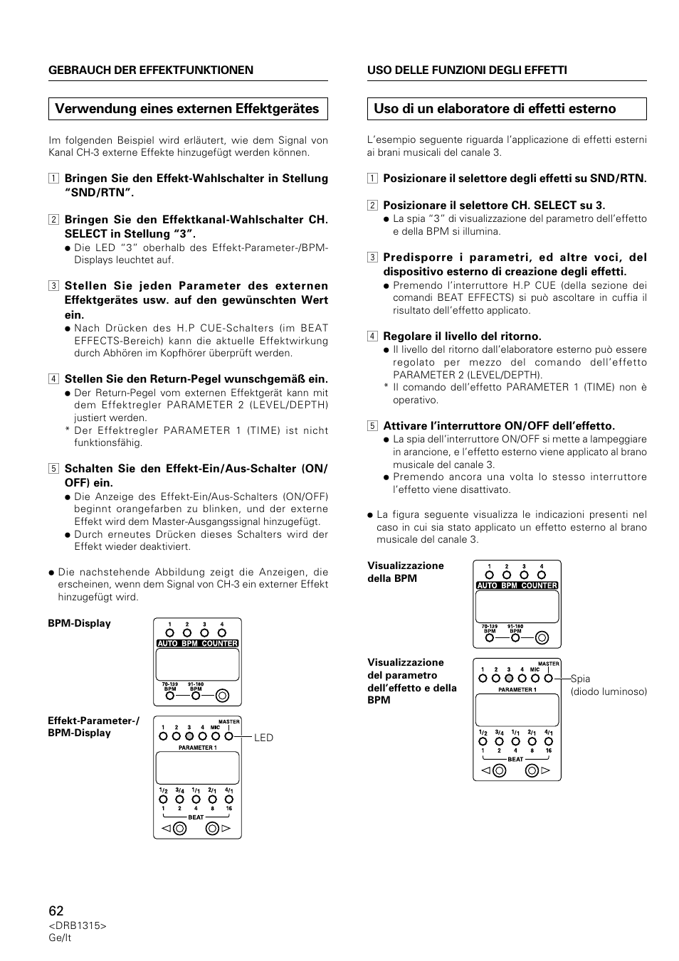 Verwendung eines externen effektgerätes, Uso di un elaboratore di effetti esterno | Pioneer DJM-3000 User Manual | Page 62 / 120