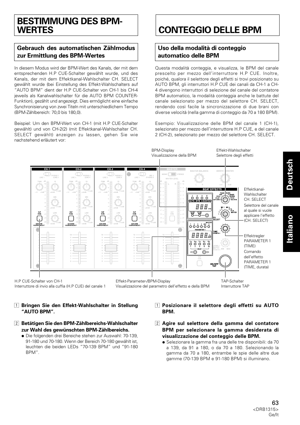 Bestimmung des bpm-wertes, Conteggio delle bpm, Bestimmung des bpm- wertes | Deutsch italiano | Pioneer DJM-3000 User Manual | Page 63 / 120