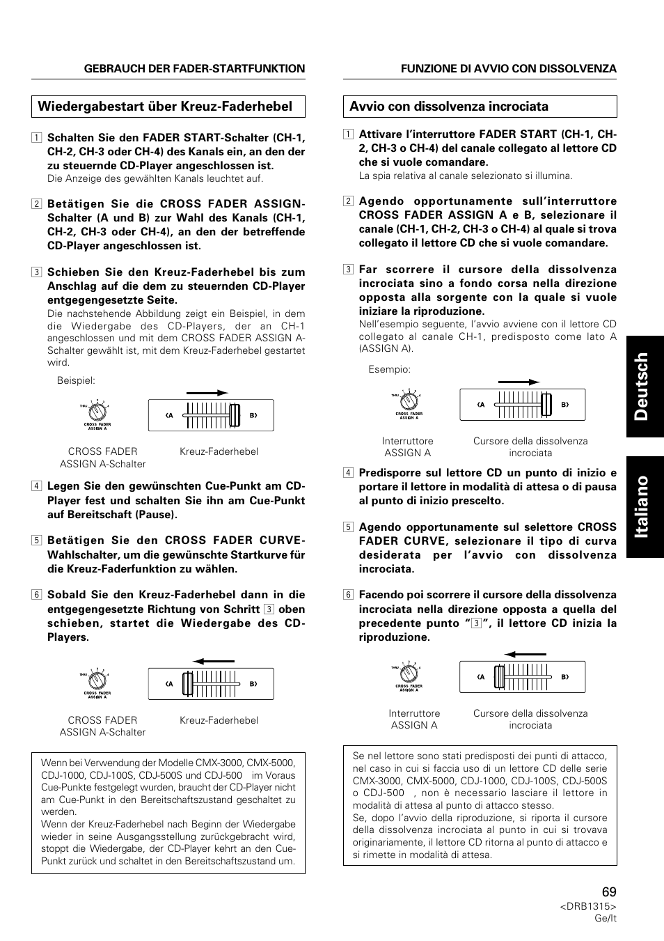 Wiedergabestart über kreuz-faderhebel, Avvio con dissolvenza incrociata, Deutsch italiano | Pioneer DJM-3000 User Manual | Page 69 / 120