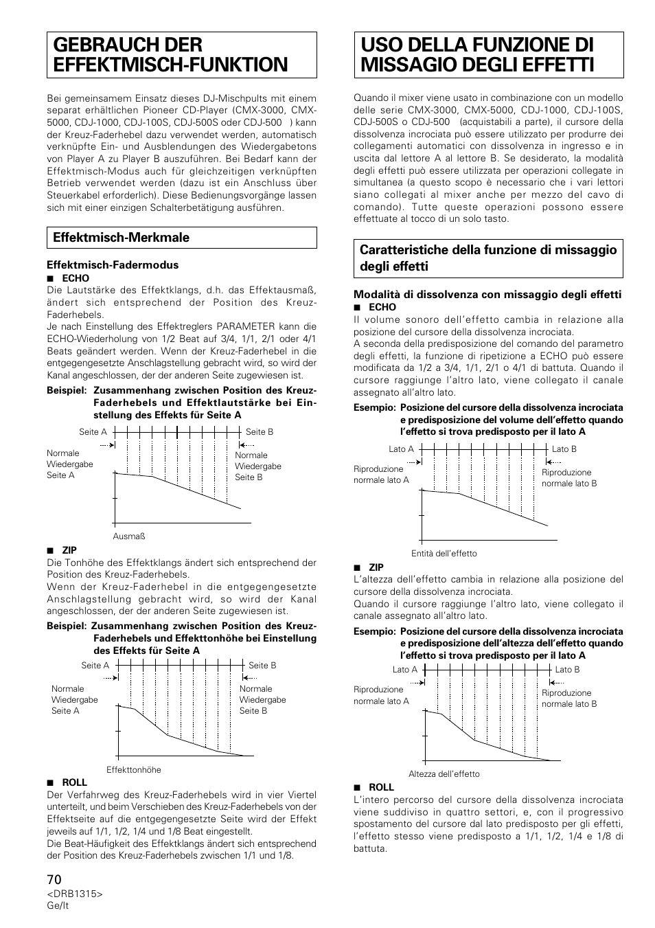 Gebrauch der effektmisch-funktion, Effektmisch-merkmale, Uso della funzione di missagio degli effetti | Pioneer DJM-3000 User Manual | Page 70 / 120