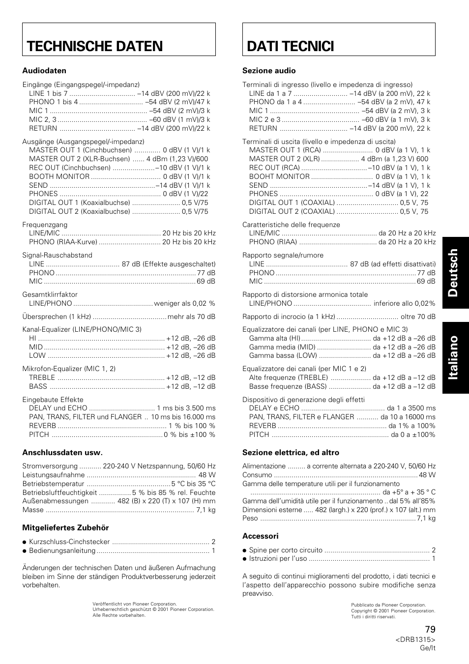 Technische daten, Dati tecnici, Technische daten dati tecnici | Deutsch italiano | Pioneer DJM-3000 User Manual | Page 79 / 120