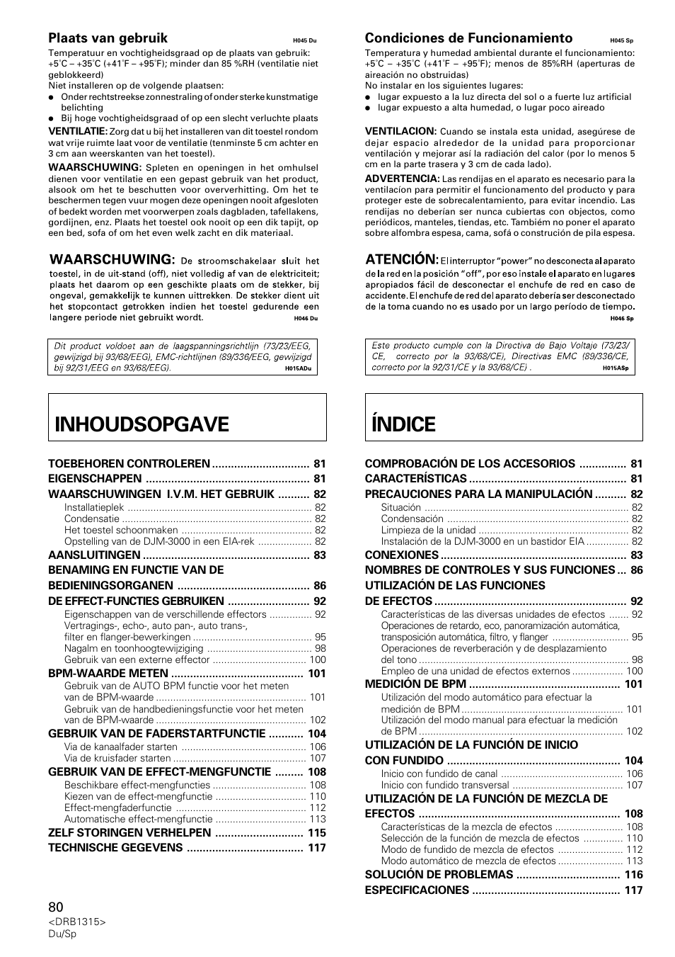 Inhoudsopgave índice, Plaats van gebruik, Condiciones de funcionamiento | Pioneer DJM-3000 User Manual | Page 80 / 120