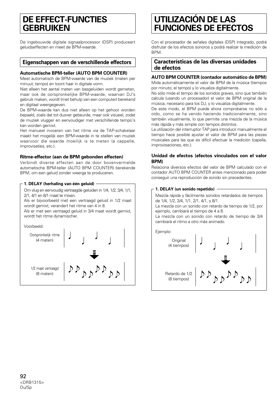 De effect-functies gebruiken, Eigenschappen van de verschillende effectors, Utilización de las funciones de efectos | Pioneer DJM-3000 User Manual | Page 92 / 120