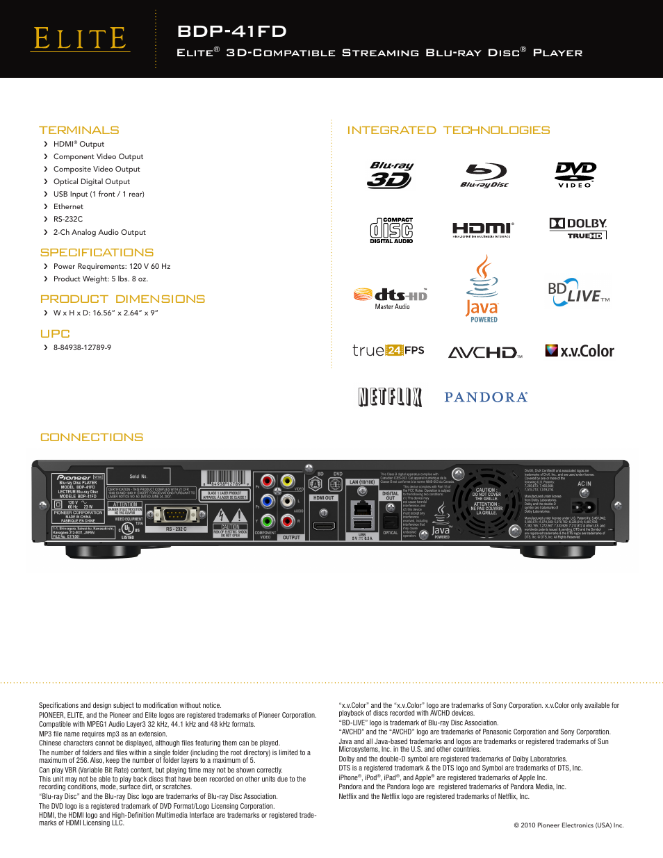 Bdp-41fd, Connections terminals, Specifications | Product dimensions, Integrated technologies, Elite, 3d-compatible streaming blu-ray disc, Player | Pioneer Elite BDP-41FD User Manual | Page 2 / 2