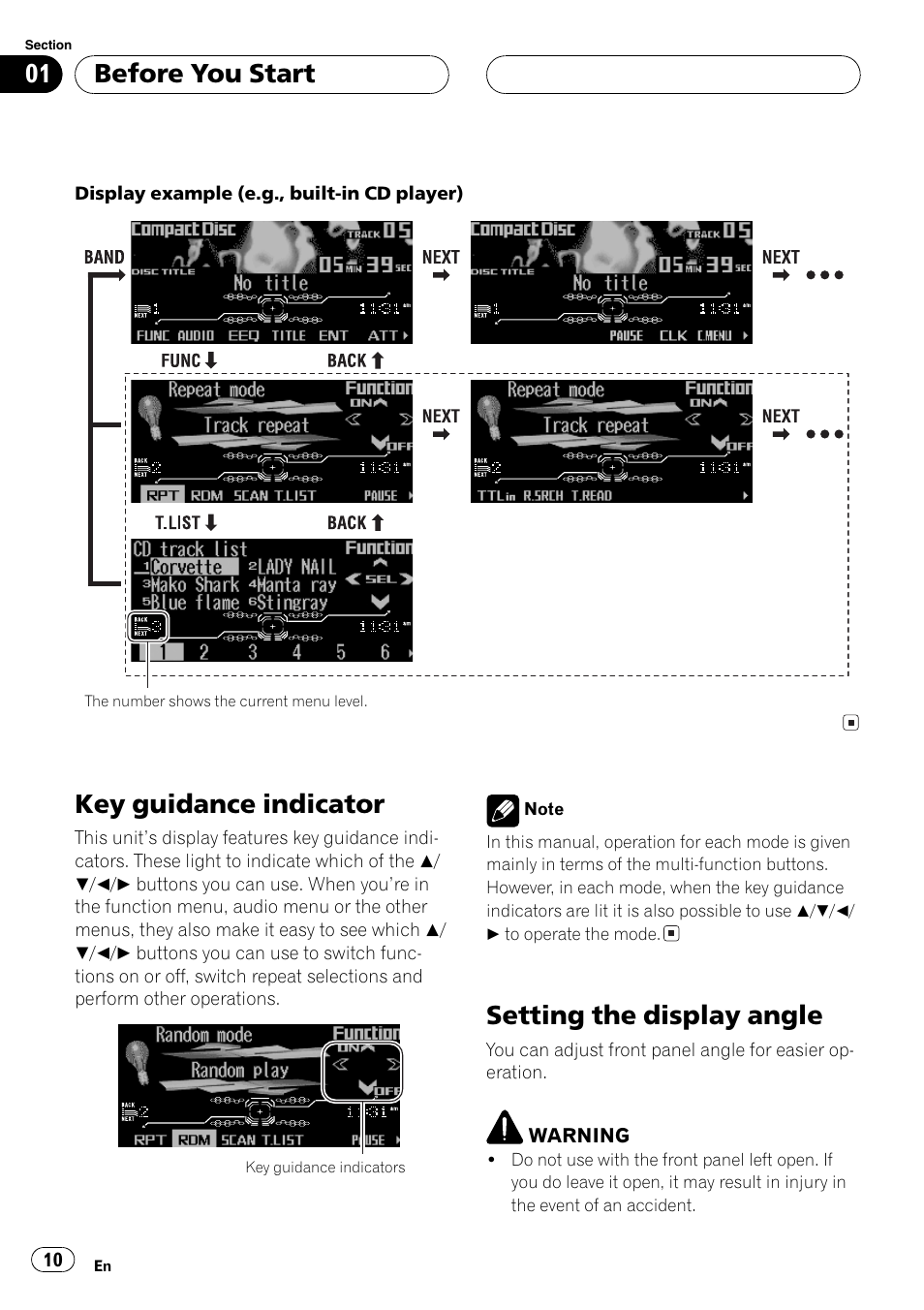 Key guidance indicator 10, Setting the display angle 10, Key guidance indicator | Setting the display angle, Before you start | Pioneer FH-P9200MP User Manual | Page 10 / 74